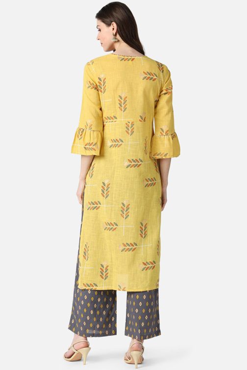 Yellow Cotton Ethnic Motifs Kurta Set - Image 4