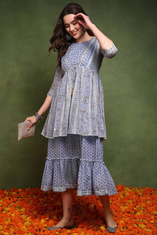 Refreshing Blue Cotton Abstract Printed Midi Ethnic Dress with a Longline Shrug and a Carefree Vibe