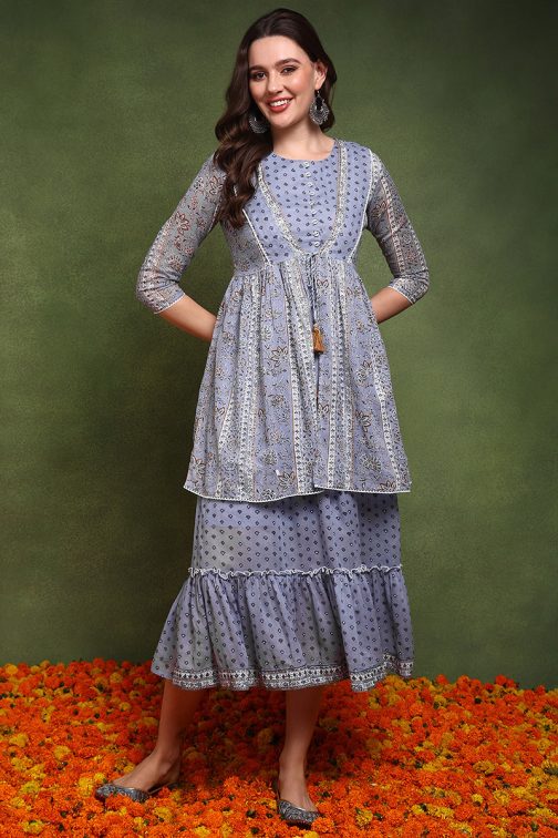 Refreshing Blue Cotton Abstract Printed Midi Ethnic Dress with a Longline Shrug and a Carefree Vibe - Image 2