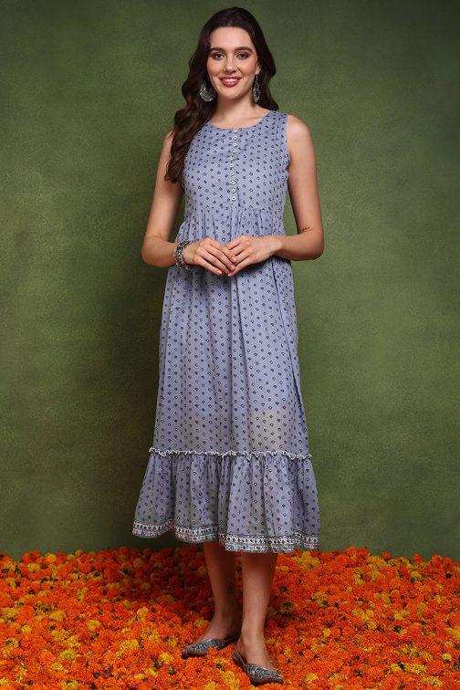 Refreshing Blue Cotton Abstract Printed Midi Ethnic Dress with a Longline Shrug and a Carefree Vibe - Image 4
