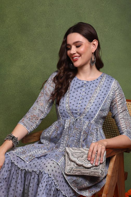 Refreshing Blue Cotton Abstract Printed Midi Ethnic Dress with a Longline Shrug and a Carefree Vibe - Image 3