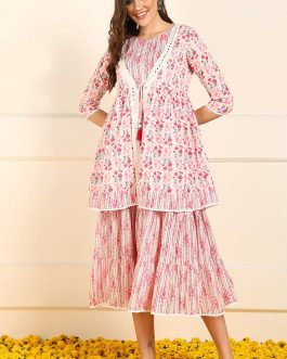 Lovely Pink Cotton Floral Printed Fit And Flare Ethnic Style Dress with a Matching Shrug