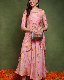 Stunning Pink Silk Blend Floral Embroidered Maxi Ethnic Dress with a Longline Shrug and a Touch of Luxury