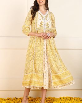 Soft and Elegant Off White Cotton Ethnic Motifs Fit and Flare Ethnic Style Dress with a Shrug