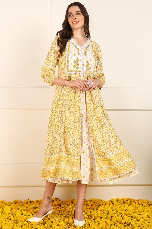Soft and Elegant Off White Cotton Ethnic Motifs Fit and Flare Ethnic Style Dress with a Shrug