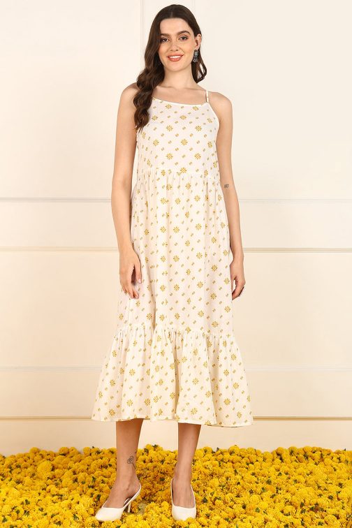 Soft and Elegant Off White Cotton Ethnic Motifs Fit and Flare Ethnic Style Dress with a Shrug - Image 3