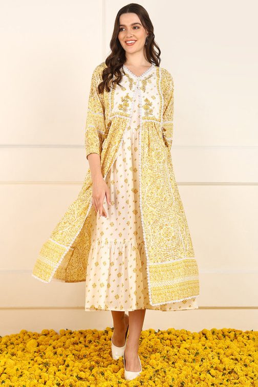 Soft and Elegant Off White Cotton Ethnic Motifs Fit and Flare Ethnic Style Dress with a Shrug - Image 4