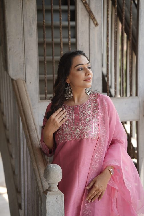 Pink Floral Yoke Design Panelled Suit Set - Image 3