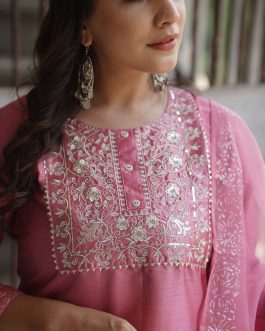 Pink Floral Yoke Design Panelled Suit Set