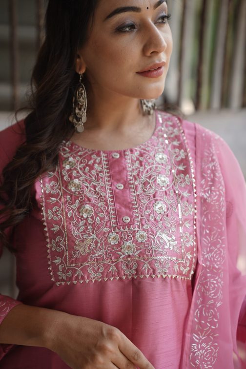 Pink Floral Yoke Design Panelled Suit Set