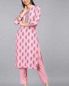 Pink Crepe Floral Printed Straight Kurta Set
