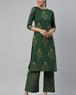 Green Polyester Floral Printed Kurta Set