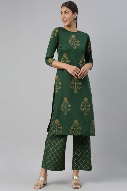 Green Polyester Floral Printed Kurta Set