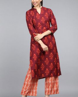 Maroon Polyester Geometric Printed Kurta Set