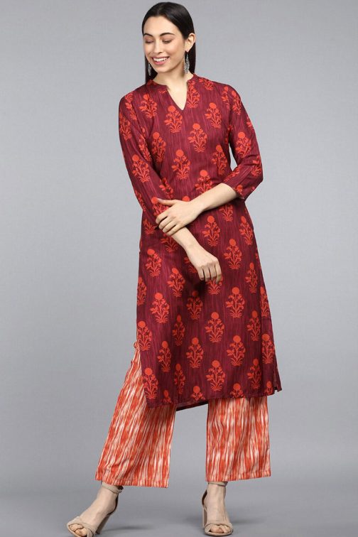 Maroon Polyester Geometric Printed Kurta Set