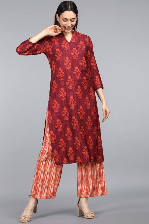 Maroon Polyester Geometric Printed Kurta Set - Image 2
