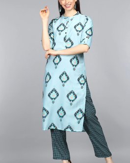 Light Blue Poly Crepe Ethnic Motifs Straight Kurta Set