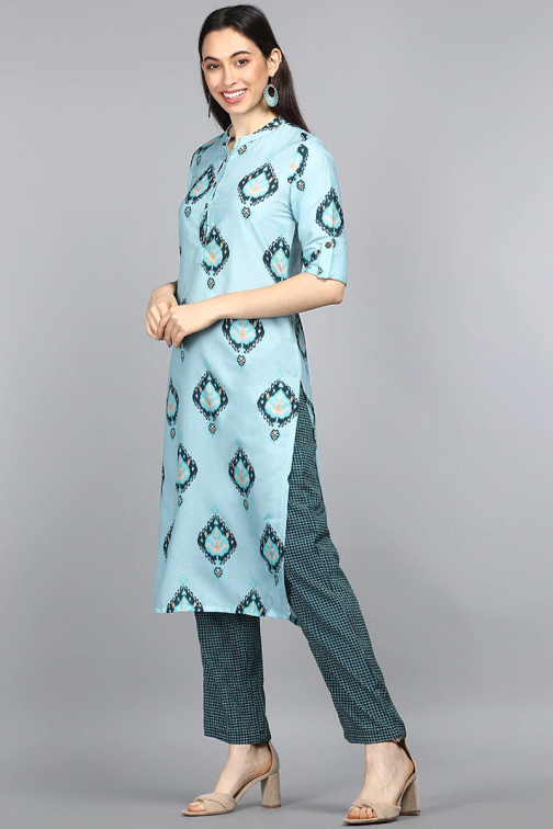 Light Blue Poly Crepe Ethnic Motifs Straight Kurta Set - Image 3