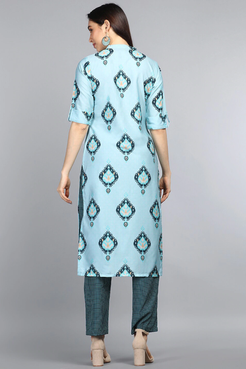 Light Blue Poly Crepe Ethnic Motifs Straight Kurta Set - Image 4