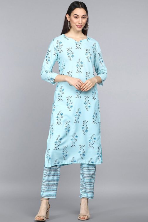 Blue Polyester Printed Straight Kurta Set