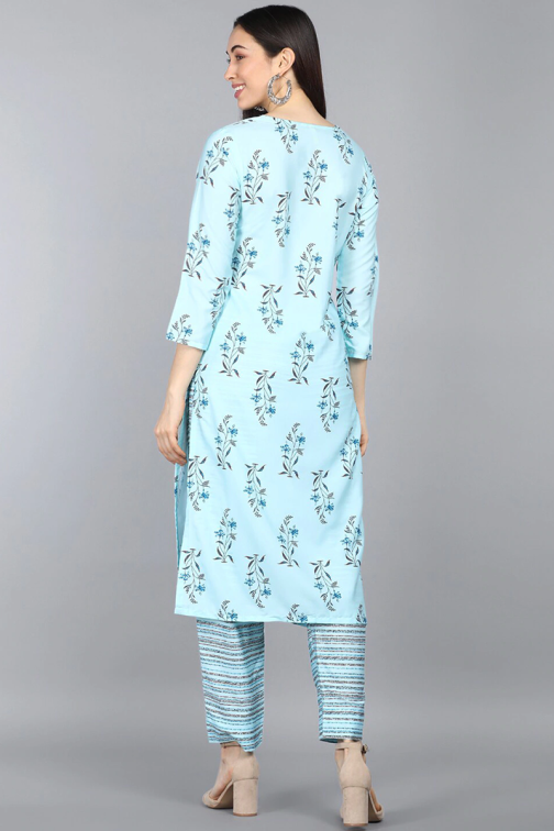 Blue Polyester Printed Straight Kurta Set - Image 4
