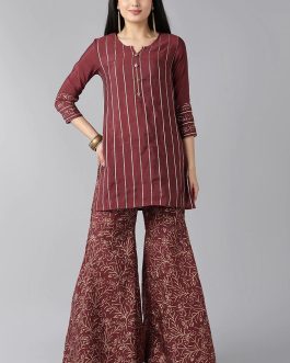 Maroon Polyester Striped Printed Kurta Set