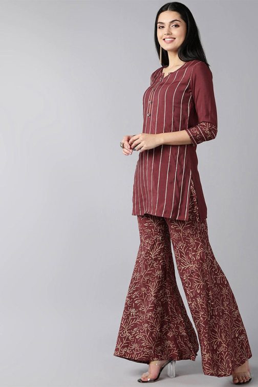 Maroon Polyester Striped Printed Kurta Set - Image 3