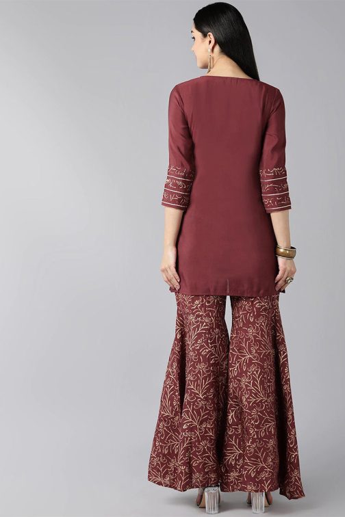 Maroon Polyester Striped Printed Kurta Set - Image 4