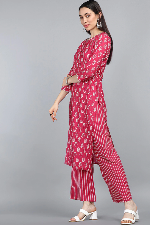 Pink Polyester Striped Printed Straight Kurta Set - Image 4