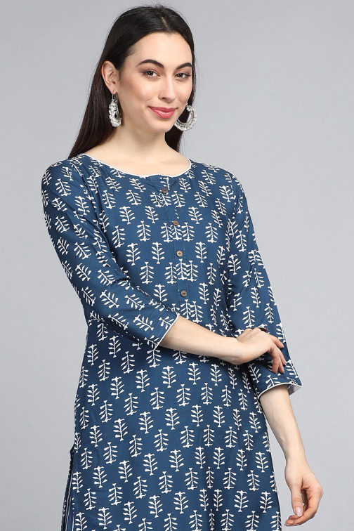 Navy Blue Polyester Ethnic Motifs Printed Kurta Set - Image 2