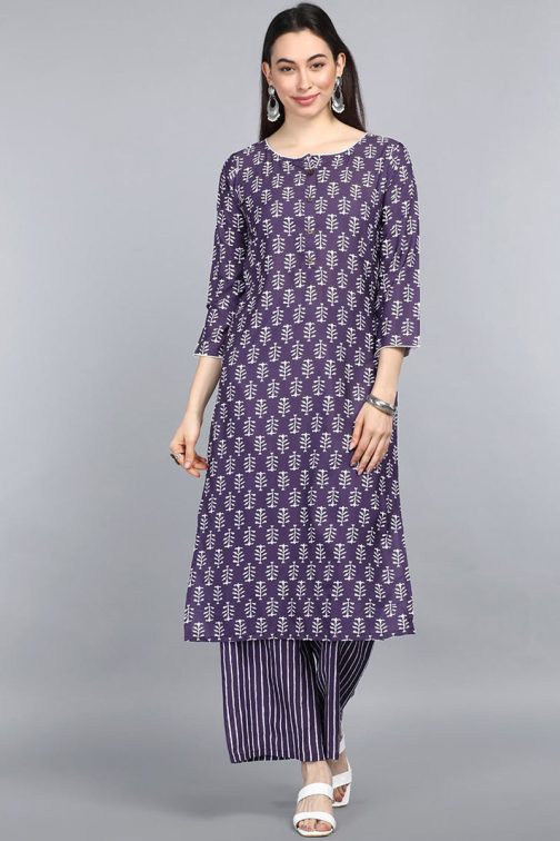 Purple Polyester Ethnic Motifs Printed Kurta Set