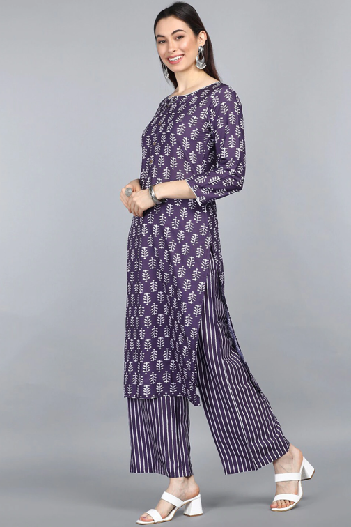 Purple Polyester Ethnic Motifs Printed Kurta Set - Image 4