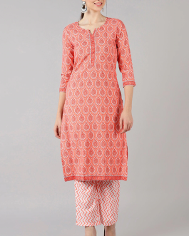 Peach Polyester Ethnic Motifs Straight Kurta Set
