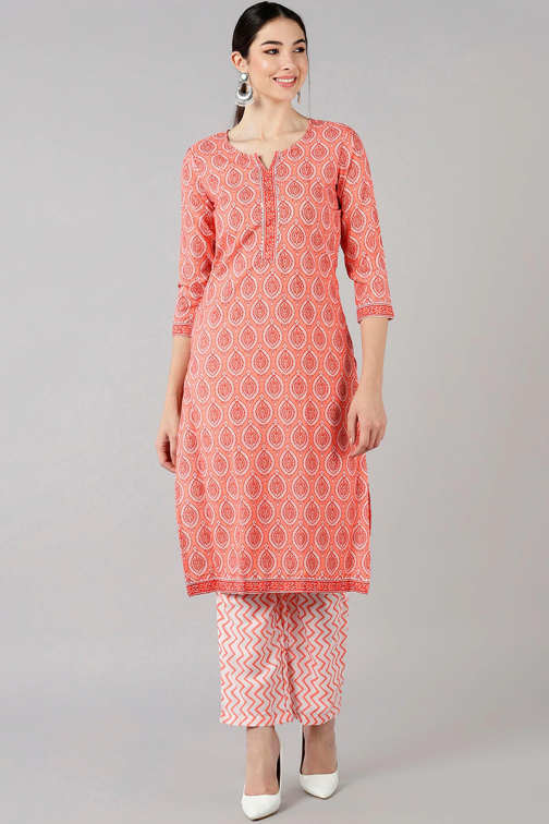Peach Polyester Ethnic Motifs Straight Kurta Set