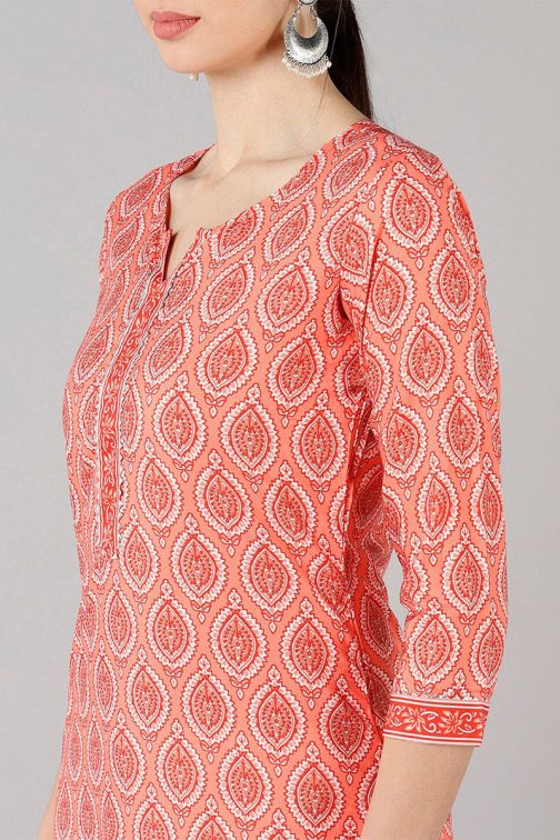 Peach Polyester Ethnic Motifs Straight Kurta Set - Image 2