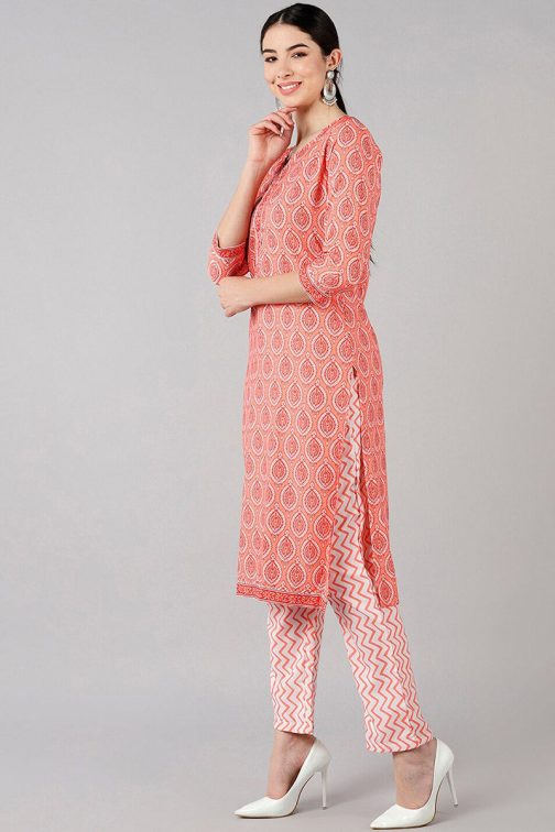 Peach Polyester Ethnic Motifs Straight Kurta Set - Image 4