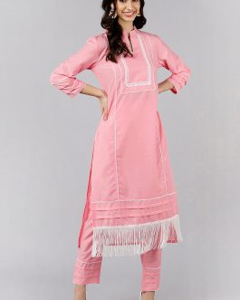 Pink Poly Silk Solid Straight Kurta Set