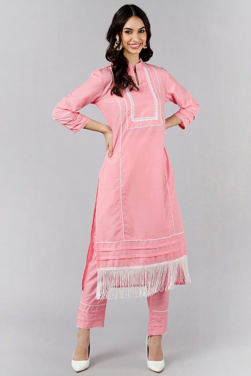 Pink Poly Silk Solid Straight Kurta Set