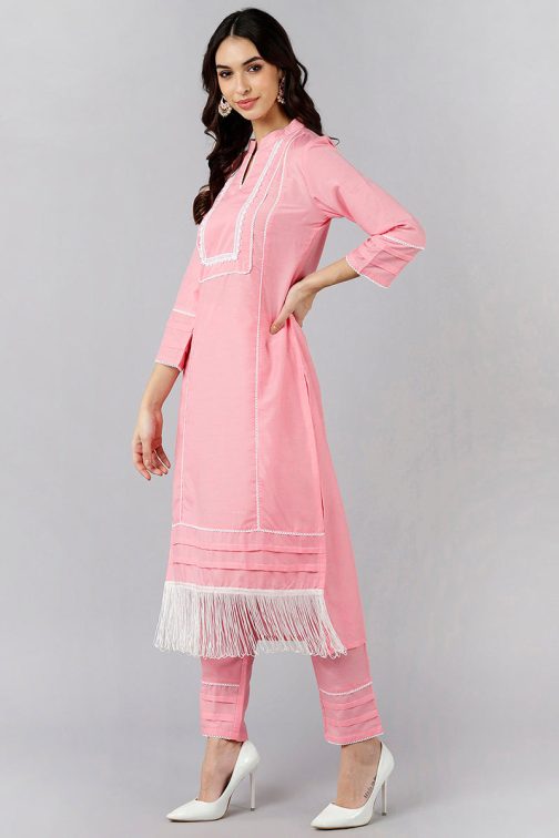 Pink Poly Silk Solid Straight Kurta Set - Image 2