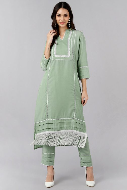 Green Poly Silk Solid Straight Kurta Set