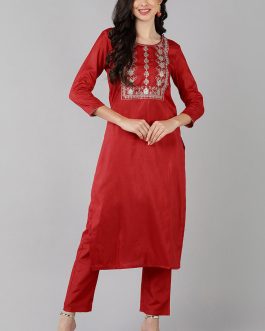 Red Poly Silk Straight Yoke Design Kurta Set