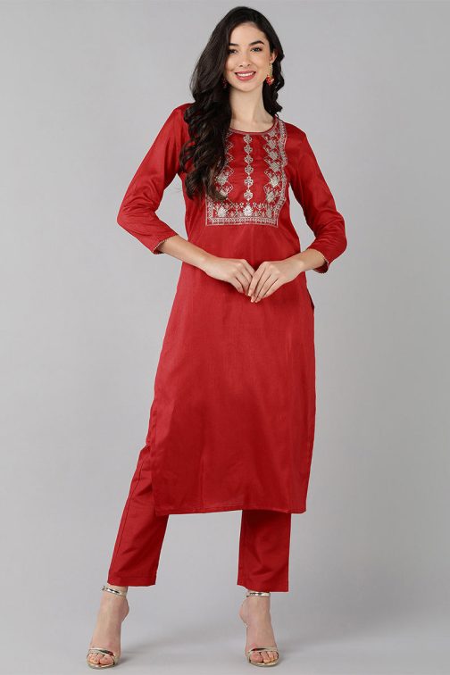 Red Poly Silk Straight Yoke Design Kurta Set