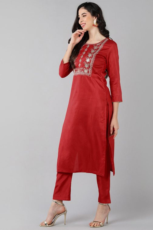 Red Poly Silk Straight Yoke Design Kurta Set - Image 3