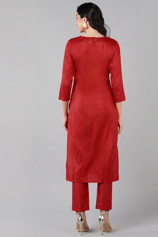 Red Poly Silk Straight Yoke Design Kurta Set - Image 4