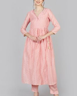 Pink Poly Chanderi Angharkha Style Kurta Set