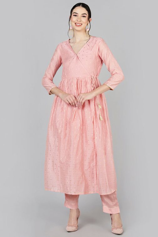 Pink Poly Chanderi Angharkha Style Kurta Set