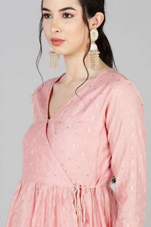 Pink Poly Chanderi Angharkha Style Kurta Set - Image 2