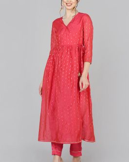 Pink Poly Chanderi Angharkha Flared Kurta Set