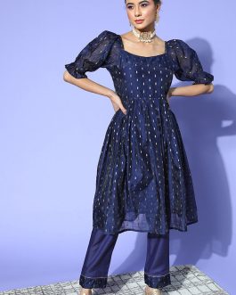 Navy Blue Poly Chanderi Square NeckKurta Set