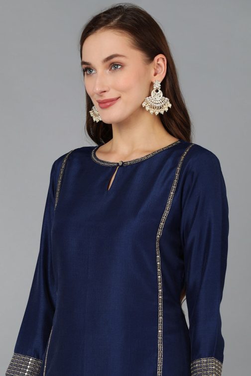 Navy Blue Silk Blend Solid Straight Kurta Trousers With Dupatta - Image 2